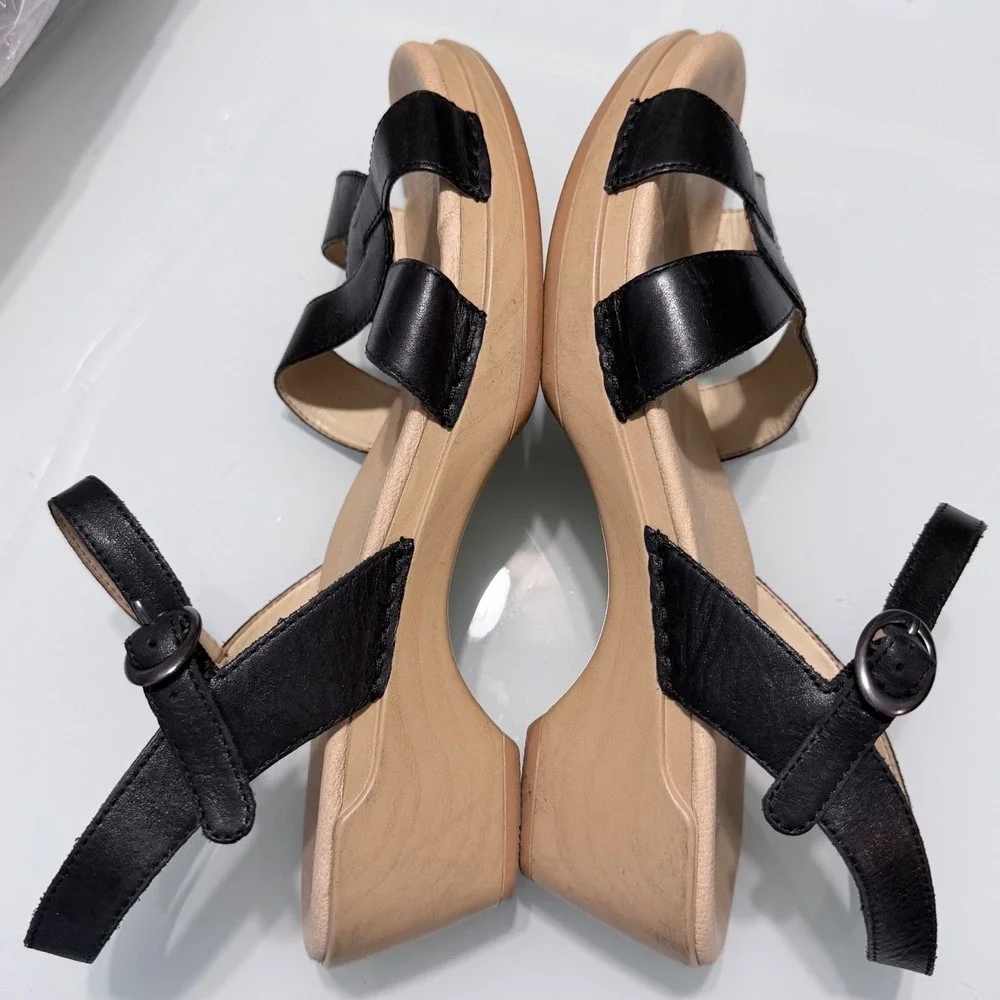 Dansko Black Leather Wedge Sandals